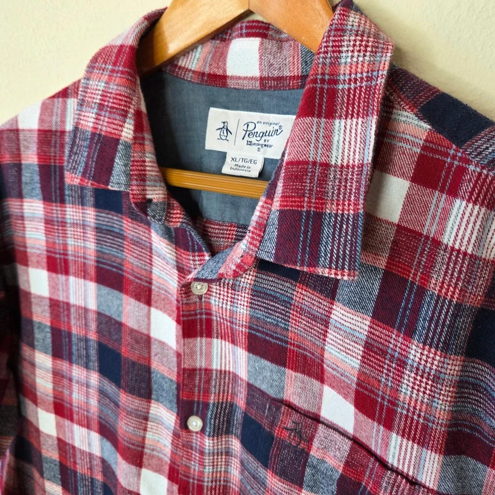 Original Penguin Mens XL Plaid Button Down Shirt Red Navy Blue Long Sleeve Logo